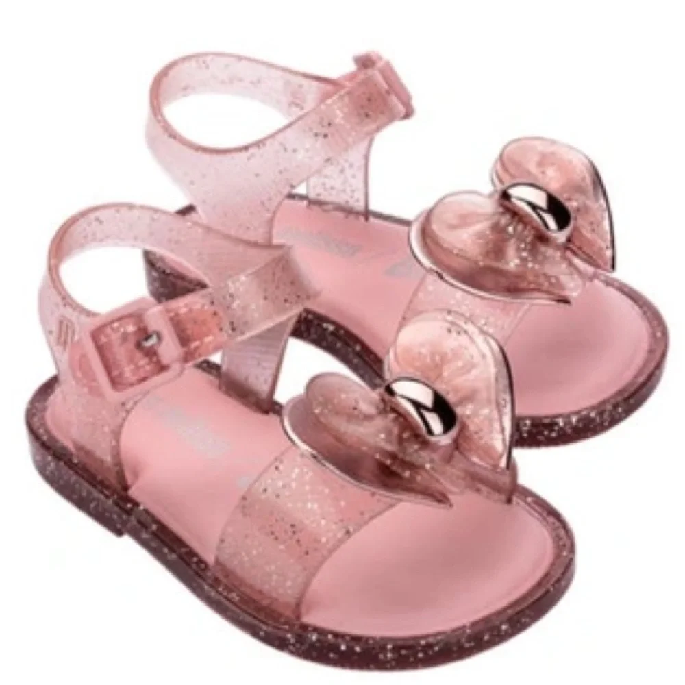 Mini Melissa/Barbie Girl’s Size 2 Pink Glitter Jelly Sandals with Heart Accent. - Picture 1 of 1